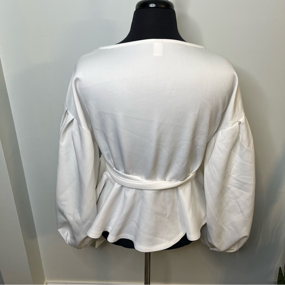 White Long Sleeve Bishop Sleeve Tie Waist Wrap Top/Blouse - Picture 3 of 11